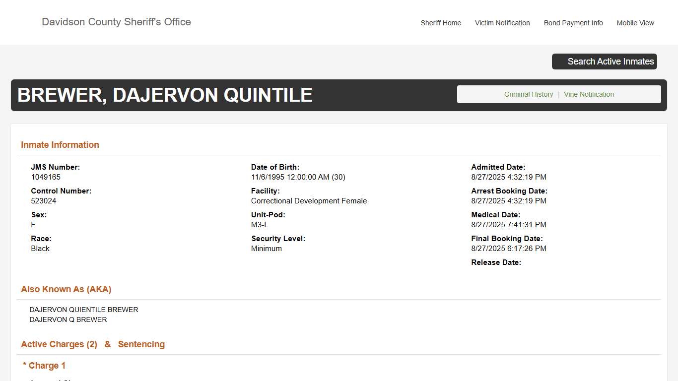 Davidson County Sheriff - Active Inmate Search